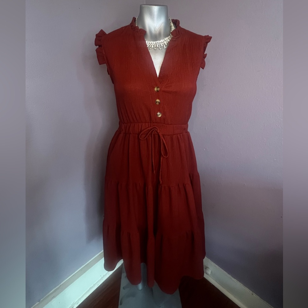 Ruffled V-Neck Tiered Midi Dress in Rust Red